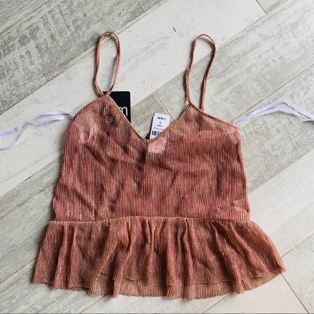 LF OneWay Lurex RoseGold Ruffle Sheer Cami Top NWT - Picture 7 of 11